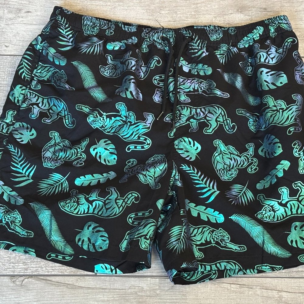 UZZI Men's L Swim Shorts Mesh Lined Trunks‎ Black Iridescent Tiger Palms Beach